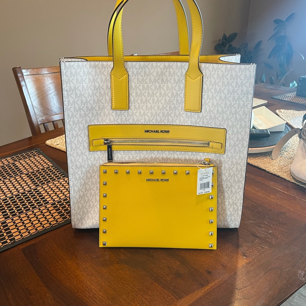 Yellow Michael Kors Large NS tote & XL clutch- NWT